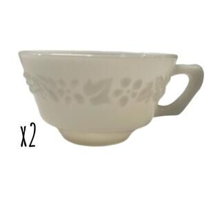Set of 2 Hazel Atlas White Embossed Floral Leaves Milk Glass Teacups